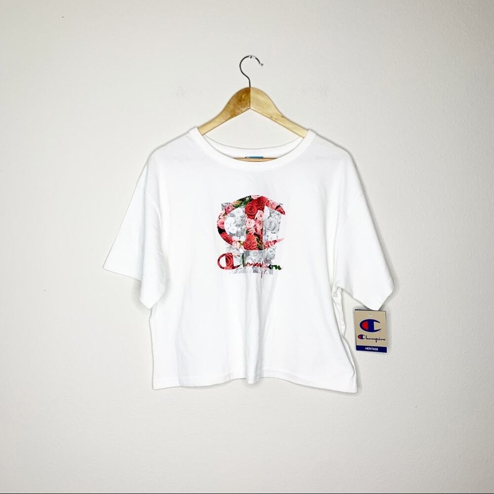 Champion Tee Womens Large White Boxy‎ Floral Graphic Loose Fit